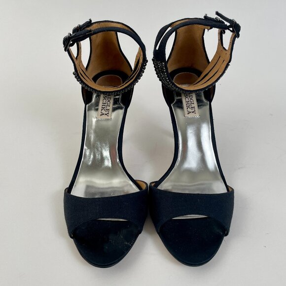 Badgley Mischka Dazzler Black Satin Strappy Heels With Beaded Ankle Strap, Sz 9 - Picture 3 of 10